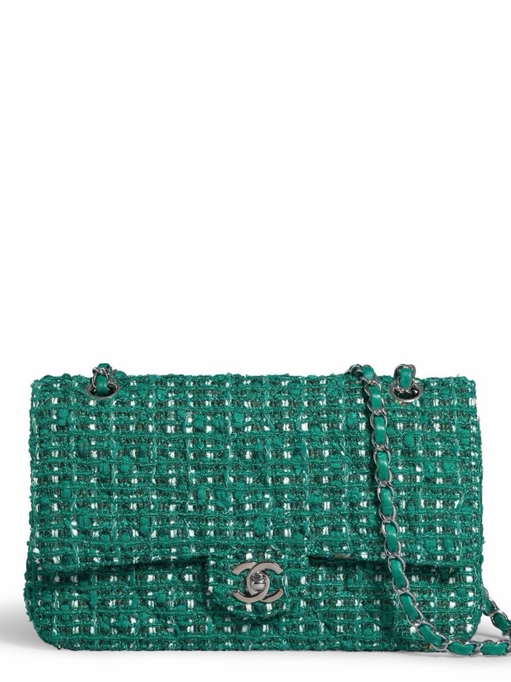 CHANEL Emerald Green Tweed Flap Shoulder Bag